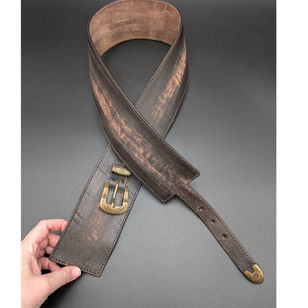Wide Stetson Belt Womens L Brown Distressed Full Grain Leather Western Rodeo